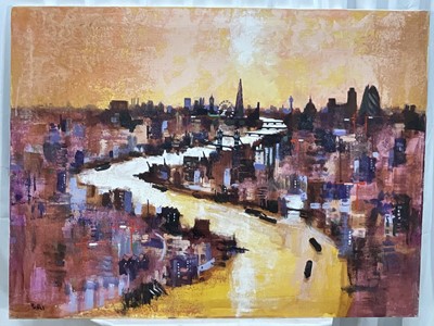 Lot 284 - Colin Ruffel (b. 1939) acrylic on canvas - From Canary Wharf, signed, titled verso, 76cm x 102cm, unframed