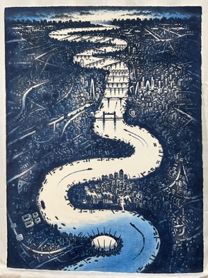 Lot 61 - John Duffin (b. 1965) etching with watercolour - Thames, signed titled and numbered 9/10, 75cm x 57cm, unframed