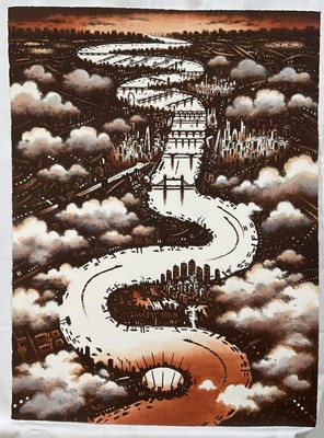 Lot 60 - John Duffin (b. 1965) etching with watercolour - Thames Clouds, signed titled and numbered 7/100, 75cm x 56cm, unframed