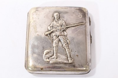 Lot 181 - Boer War Interest: Late Victorian silver plated cigarette case with embossed decoration depicting 'A Gentleman in Kharki' from Kiplings poem The Absent-Minded Beggar, with gilded interior, stamp...