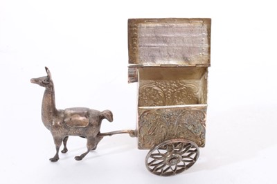 Lot 182 - Unusual late 19th century stamp box modelled as hut, with embossed classical decoration, on a two wheeled trailer, pulled by a Llama. (London Import Marks for 1894). Possibly Dutch or South Amer...