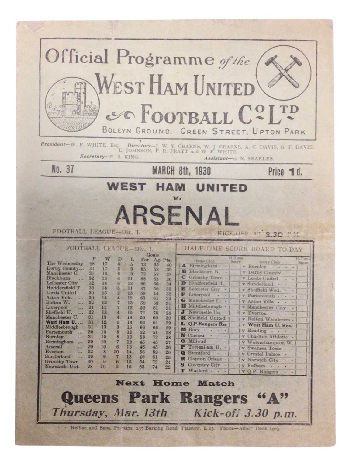 Lot 1 - West Ham v Arsenal March 8th 1930 Football League Division I