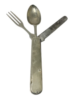 Lot 140 - 19th century Officer's private purchase folding campaign cutlery set by Mappin & Webb, Sheffield, in a leather case, approximately 10cm in overall length (folded).