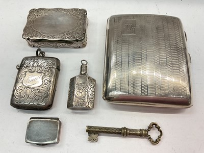 Lot 1106 - Victorian silver snuff box, one other minituare silver box, silver vesta case, silver cigarette case, white metal perfume bottle and a plated propelling pencil in the form of a key (6)