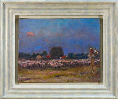 Lot 1116 - Harry Becker (1865-1928) oil on canvas - A Shepherd and his Flock, signed, 37cm x 47cm, in glazed painted frame