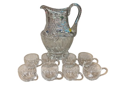 Lot 803 - Good quality cut glass jug with engraved vine decorations and set 8 Victorian custard cups.