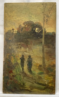 Lot 226 - Manner of Charles Conder (1868-1909) oil on board, figures at dusk, 31cm x 17cm, bears signature
