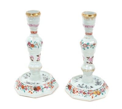 Lot 167 - Pair of 18th century Chinese porcelain candlesticks (European silver shape)