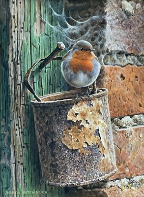 Lot 15 - Andrew Hutchinson (b.1961) watercolour and gouache, study of a Robin on a rusty tin, 19.5cm x15cm, signed, in glazed frame