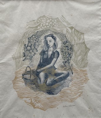 Lot 1274 - *John O'Conner (1913-2004) colour etching - seated girl with basket in countryside, 33cm x 28cm, in glazed frame