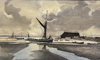 Lot 96 - Manner of Rowland Hilder, ink and watercolour - Low Tide, bearing signature, 28cm x 46cm, in glazed gilt frame