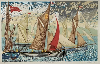 Lot 16 - Michael Blooman, The Pin Mill Sailing March Match, Linocut 53cm x 84cm, edition 5/50, signed in pencil, framed