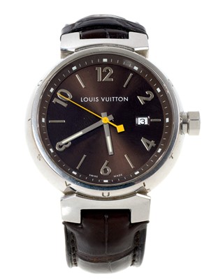 Lot 687 - Louis Vuitton Tamour wristwatch on brown crocodile effect leather strap