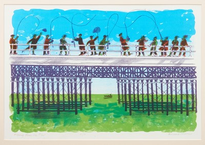 Lot 1064 - Bernard Cheese (1925-2013) signed artist's proof lithograph - Fishing from the Pier, 38cm x 55cm, in glazed frame