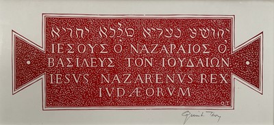 Lot 1092 - Quinlan Terry (b.1937) signed linocut - 'Jesus of Nazareth...', 12.5cm x 26cm, in glazed frame