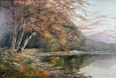 Lot 220 - English School, oil canvas - fishing boat on a lake in mountain landscape, signed Dawson, 50cm x 75cm, in gilt frame