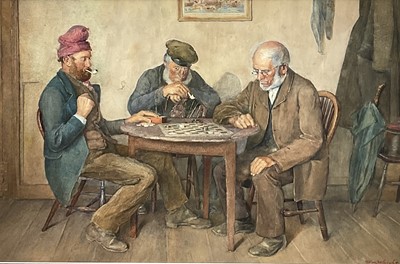 Lot 216 - William Wright - 19th century watercolour in glazed frame - interior scene with three gentlemen playing draughts, 35,5cm x 52.5cm, signed