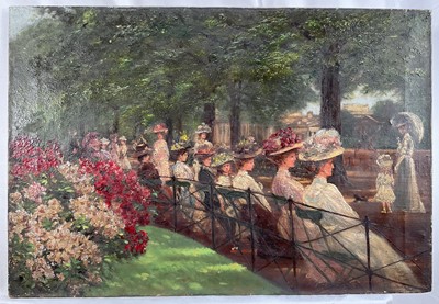 Lot 215 - Joseph Edward Homerville Hague - late 19th century oil on canvas - Edwardian Ladies in a Summer Park, 43cm x63.5cm, signed, unframed.