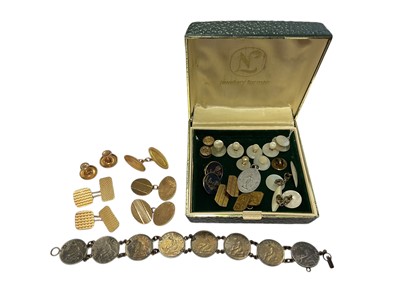 Lot 124 - Two pairs of 9ct gold cufflinks, one 15ct gold cufflink, two 9ct gold studs, other cufflinks, studs etc and a silver coin bracelet