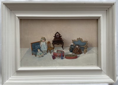 Lot 1220 - *Audrey Johnson (1919-2005) oil on board - Dolls House Figures entitled "Presents", signed and dated 1983, inscribed verso, 25cm x 40cm, framed