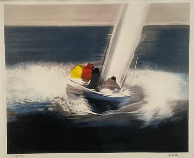 Lot 263 - Donald Hamilton Fraser (1929-2009) lithograph - boating scene, 57.5cm x 47.5cm, signed and numbered 131/250, in glazed frame.