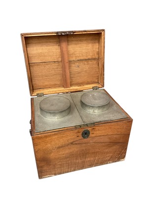 Lot 1552 - Large 19th century teak cased tea caddy with Chinese engraved pewter canisters