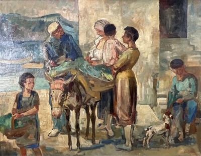 Lot 77 - Ludvig Jacobson (1890-1957) oil on canvas - Soller, Majorca, market donkey, signed, titled verso, 84cm x 109cm, framed