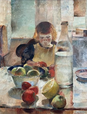 Lot 202 - Ludvig Jacobson (1890-1957) oil on canvas - child with fruit, signed, 46cm x 36cm, framed