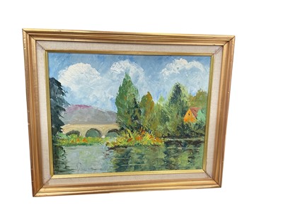 Lot 635 - French school oil on canvas study of a river with a bridge, signed Le Pont Du Vey Calvados.