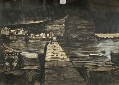 Lot 75 - John Carter, 20th century chalk, charcoal and wash - Staithes IV, signed and dated 1962, label verso, in glazed frame, 55cm x 75cm