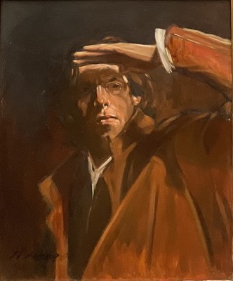 Lot 79 - Jeremy Andrews, oil on board - Self Portrait, with National Portrait gallery award label verso, 50cm x 60cm, signed dated and gilt framed