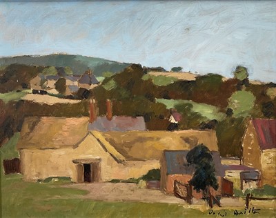 Lot 81 - David Britton, contemporary, oil on board - Farms on a Hill, signed, framed, 34cm x 43cm