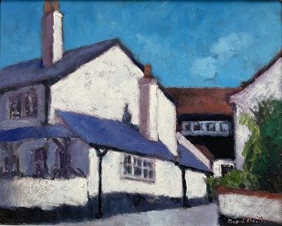 Lot 82 - David Britton, contemporary, oil on board - Old Pub, The Lane, West Mersea, signed, framed, 39cm x 50cm