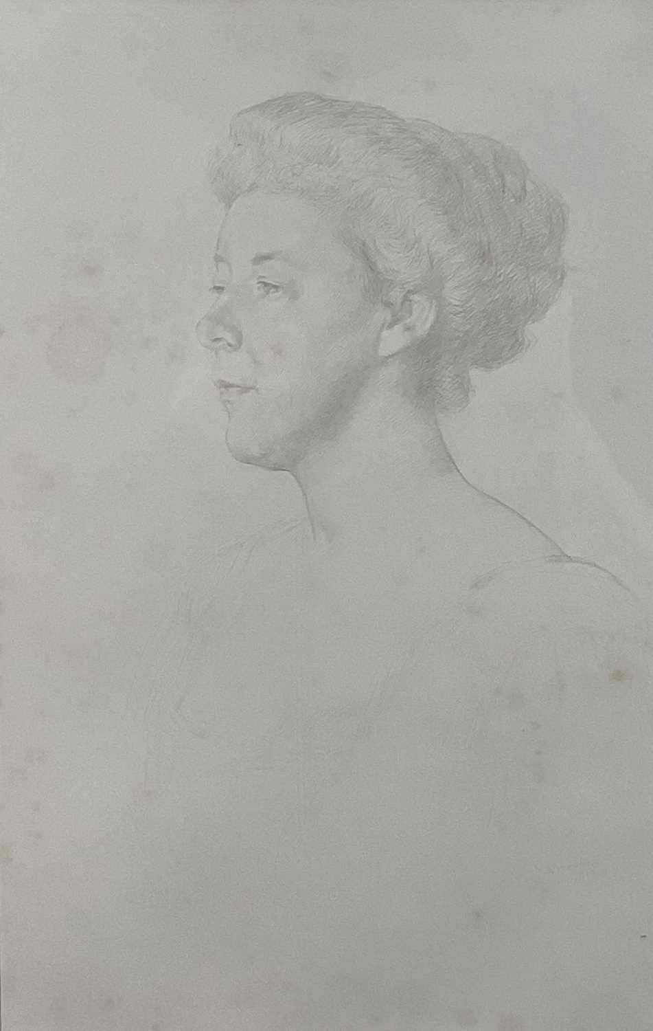 Lot 83 - William Strang (1859-1921) silverpoint portrait of a woman, image 24cm x 38cm, mounted in frame 49cm x 66cm overall.