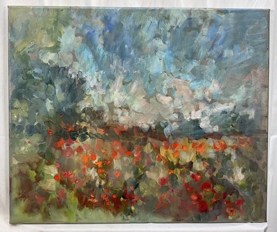 Lot 84 - Annelise Firth (b.1961) oil on canvas - Poppy Field, signed and dated 2021 verso, 50cm x 60cm, unframed