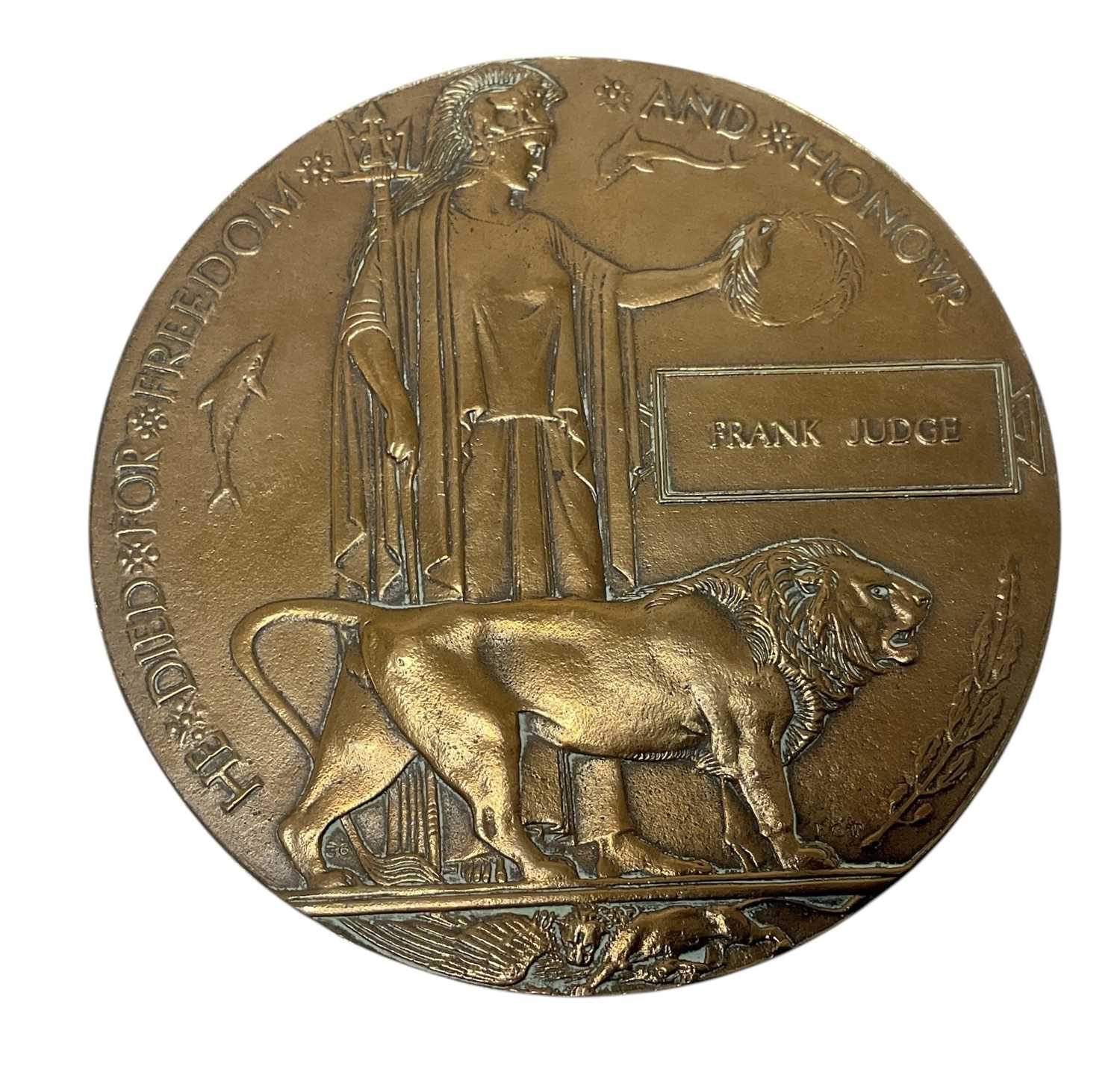 Lot 56 - First World War Memorial (Death) plaque named to Frank Judge
