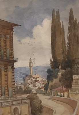 Lot 234 - English School, 19th century, watercolour - 'Palazzo Vecchio & part of the Pitti Palace from the Baboli Gardens, Florence, 1st March 1864', inscribed, 30cm x 19cm, in glazed frame