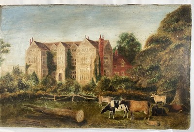 Lot 91 - 19th Naive School oil on board - cattle grazing in the grounds of a country house, unframed, 43cm x 65cm