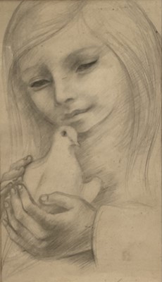 Lot 278 - Manner of Stanley Spencer, pencil, Girl with Dove, 27.5cm x 16.5cm, in glazed frame.