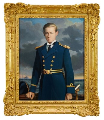 Lot 93 - Andre De Moller (b.1942) oil on canvas - portrait of Lt. Robert Charles Todhunter R.N., signed, further signed and titled verso, in good gilt frame, 51cm x 41cm
