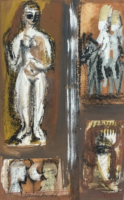 Lot 275 - Hamilton, Mid-century Modernist charcoal, watercolour and gouache, Figures, 21cm x 13cm, signed and dated 1961, in glazed frame..