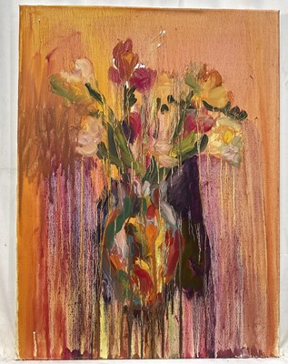 Lot 95 - Annelise Firth (b.1961) oil on canvas - 'White tulips and freesia', signed and dated 2022 verso, 45.5cm x 61cm