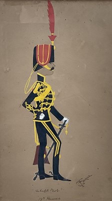 Lot 96 - T. George, pair of early 20th century pen, ink and watercolour military cartoons - The 15th Hussars, titled "You know that story" and "Alright Bob", signed and titled, in glazed gilt frames, 32c...