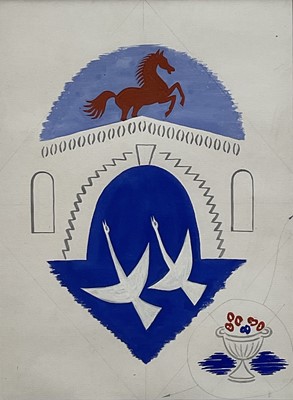 Lot 182 - Edwin Oldfield (1907-1992) gouache mural design with horse & bridge, 36cm x 26cm, in glazed frame
