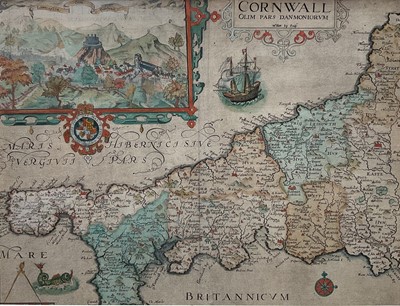 Lot 98 - William Kip - 17th century hand coloured engraving- map of Cornwall, 29 x 39cm, glazed frame