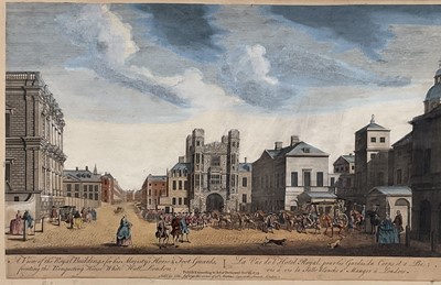 Lot 99 - 18th century hand-coloured engraving, View of the Royal Buildings for His Majesty's Horse and Foot Guards, published 1753, 25 x 40cm, glazed frame