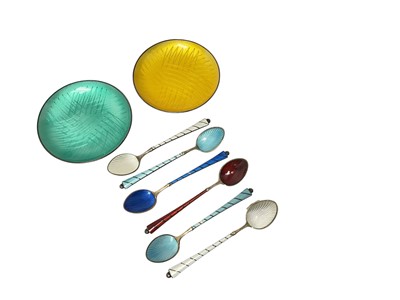 Lot 142 - Set of six contemporary Danish silver spoons, with guilloche enamel decoration, together with two, similarly enamelled, silver dishes. All marked Denmark Sterling. Dishes 8.6cm across. (8).