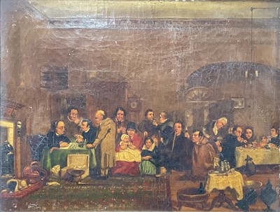 Lot 103 - Manner of David Wilkie (1785-1841) two 19th century oils on canvas - interior scenes with figures gathered, in gilt frames, 30cm x 40cm