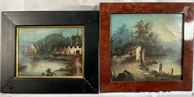 Lot 107 - Chinese School, two oils on card laid on board - Junk off the coast and a figure fishing, 14cm x 18cm and 19cm x 20cm, framed (2)