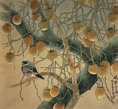 Lot 110 - Yu Ruirong (Contemporary) watercolour, 'Persimmon implies happiness', 36 x 43cm, Chapell Galleries label verso, glazed frame